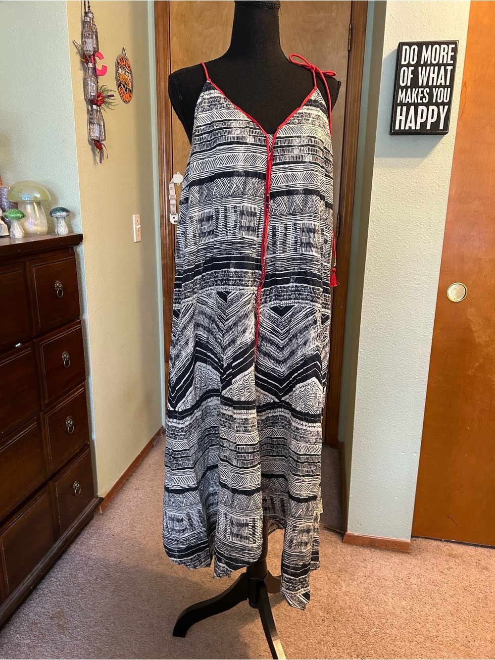 Akemi + Kin Riviera navy blue white tribal print boho midi dress with tassels L